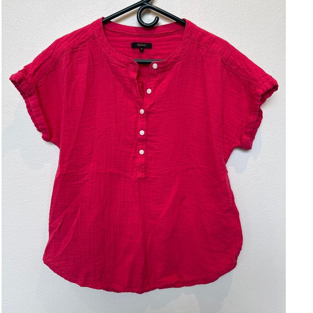 Quince 100% Organic Cotton Gauze Roll Sleeve Shirt Henley Hot Pink Women S